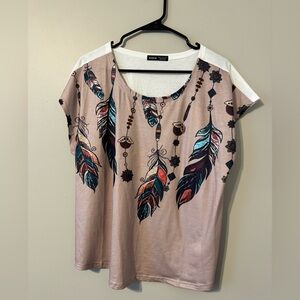 SHEIN Feather Print Short Sleeve Top - Multicolor